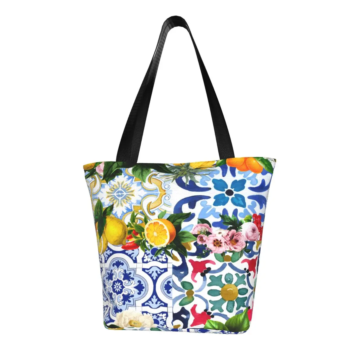 Custom Mediterranean Style Lemons Citrus Sicilian Tiles Shopping Canvas Bags Women Washable Grocery Shopper Tote Bags