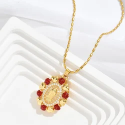 Heart Shaped Zircon Necklace For Women Virgin Mary Rose Flower Pendant Necklaces Female Fashion CZ Jewelry Party Birthday Gift