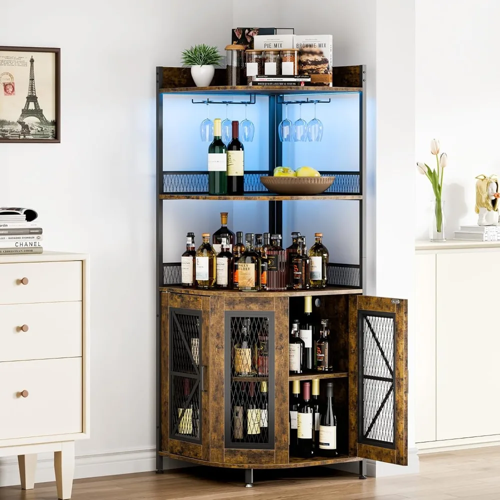 

Corner Bar Cabinet with Charge Oult, 5-Tiers Wine Cabinet LED Light and Glass Holder, Tall Home Liquor Cabinet for Living Room