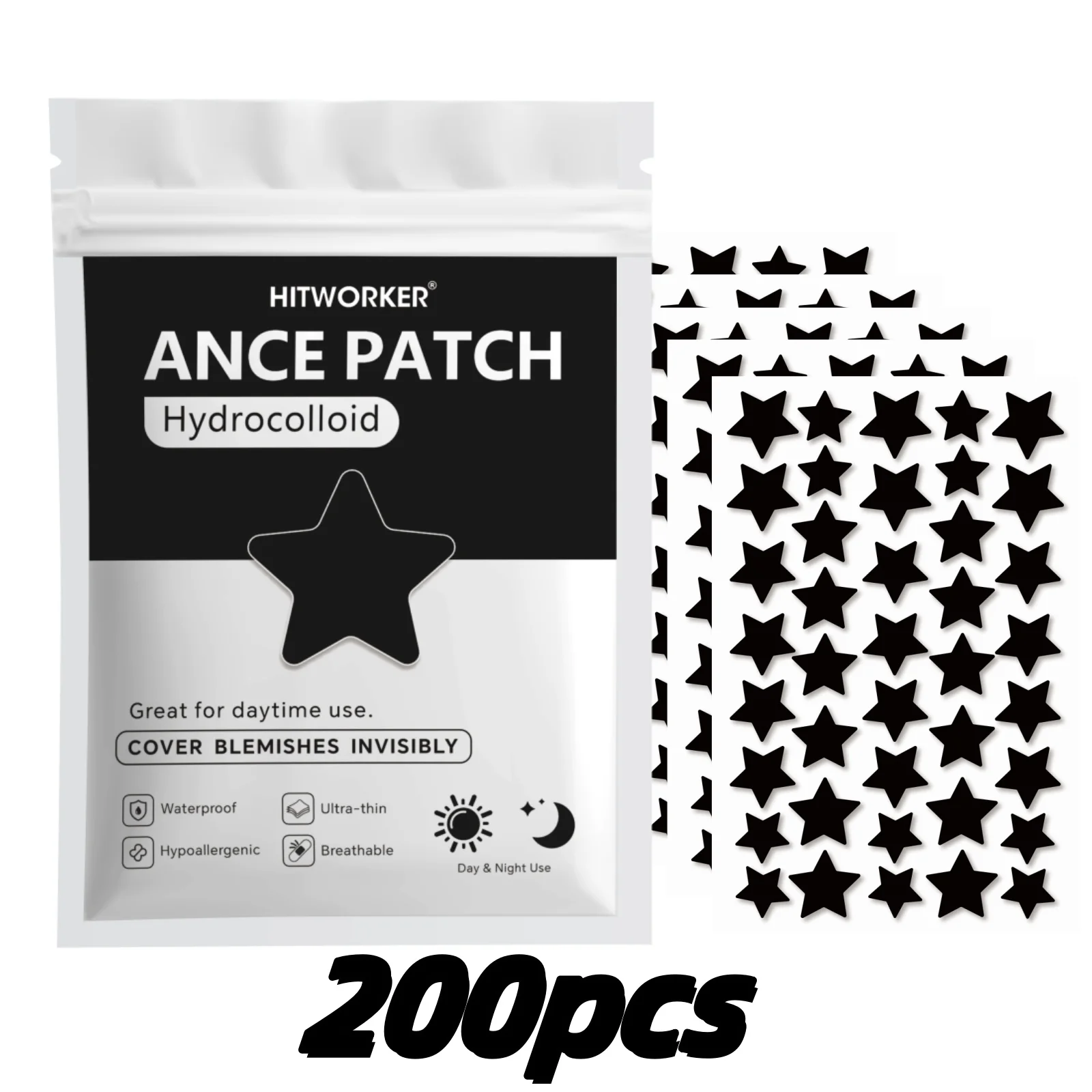200Pcs Star Acne Pimple Patches, Hydrocolloid Invisible Blemish Spot Stickers for Facial Skin Care