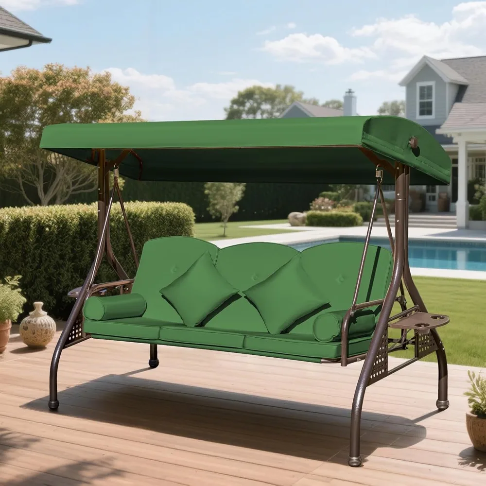 

3-seat Patio Swing with Canopy, Convertible Outdoor Swing Bed with Thick Cushions, Pillows & Cup Holders, 3-Seat Outdoor Swings