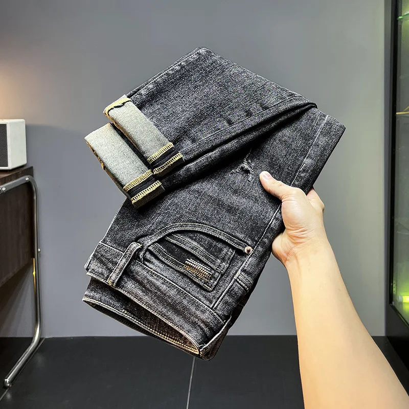 Autumn and winter black gray jeans men 2024 new fashion holes denim casual Stretch Slim Fit Ankle tight trousers