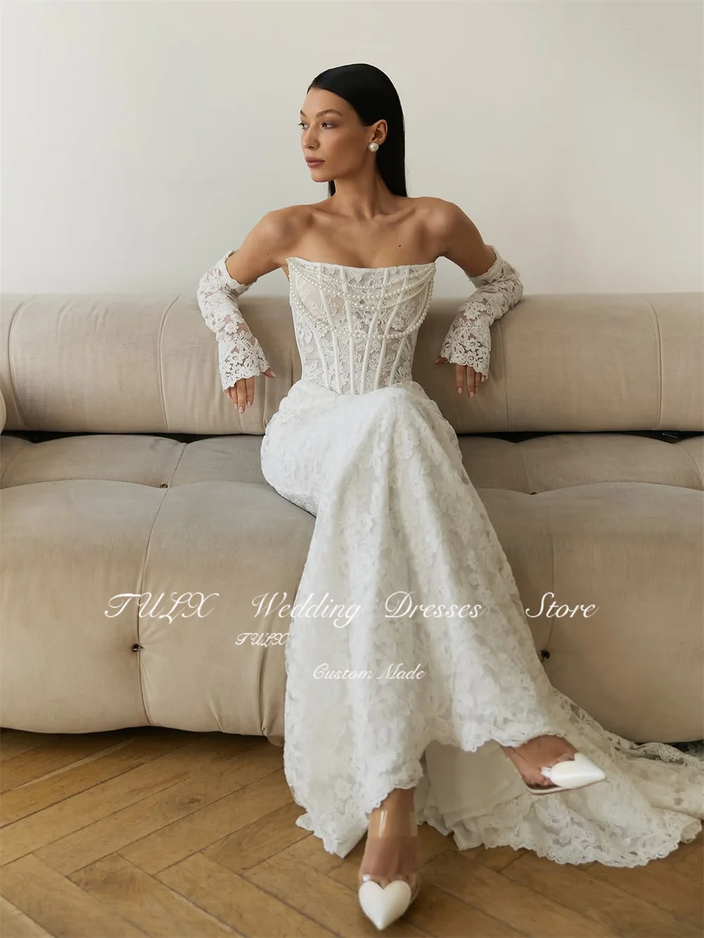 TULX Abiti da sposa in pizzo avorio di lusso senza spalline con perline Set maniche Abiti da sposa Sirena Lunga Robe De Mariée Personalizzato 2026