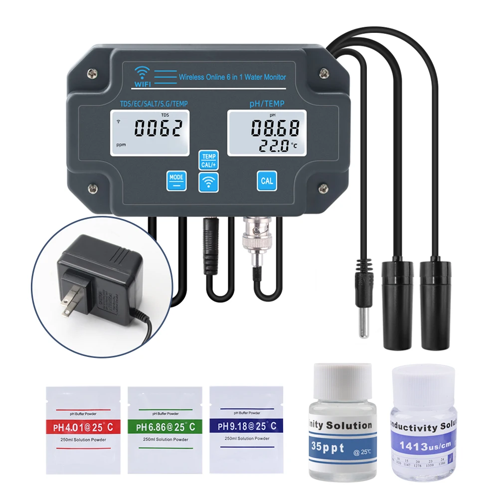 Yieryi Smart WIFI Aquarium Meerwasser Salzgehalt Wasserqualitätsmessgerät PH EC TDS Salz TEMP Datenlogger Tester Monitor für Aquarien