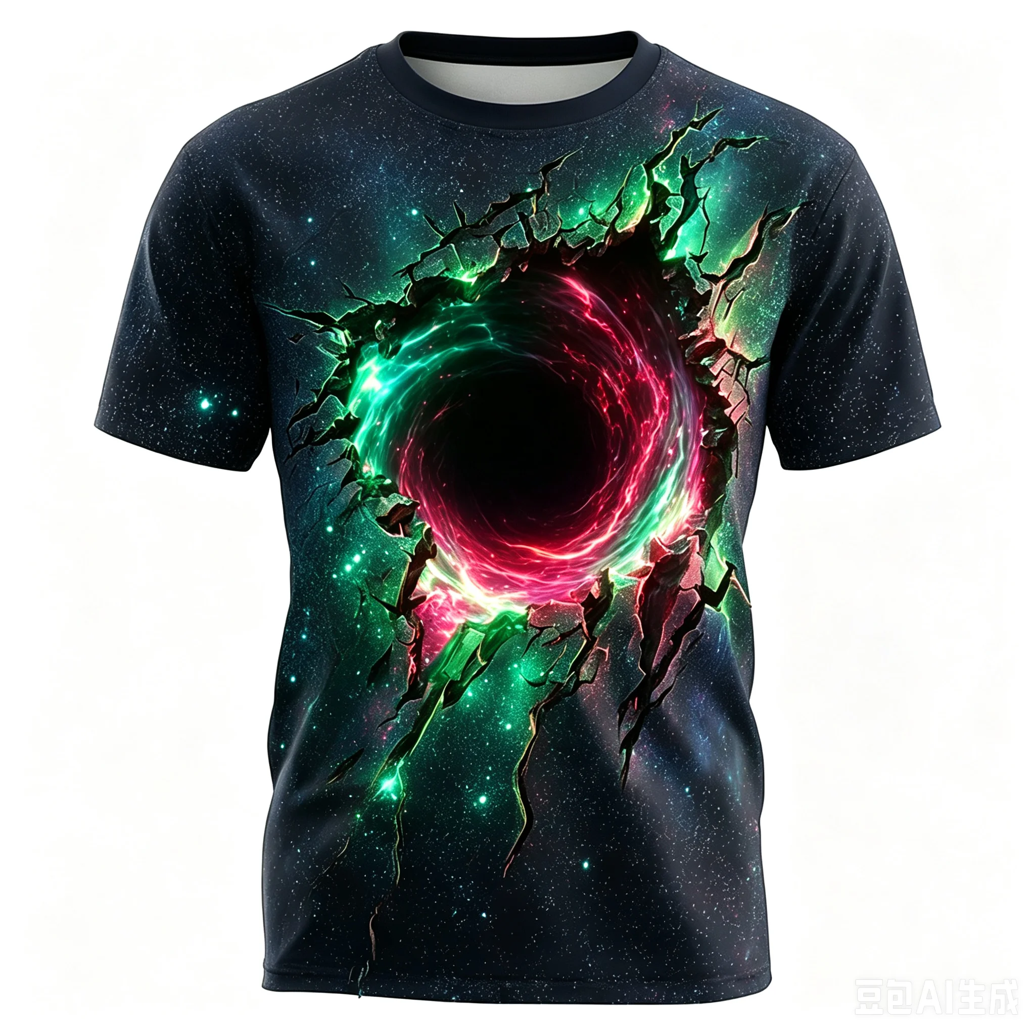 3D Cracked Space Black Hole All Over Print Men's T-Shirt, Galaxy Nebula Graphic Short Sleeve Cool Cosmic Universe Casual Top