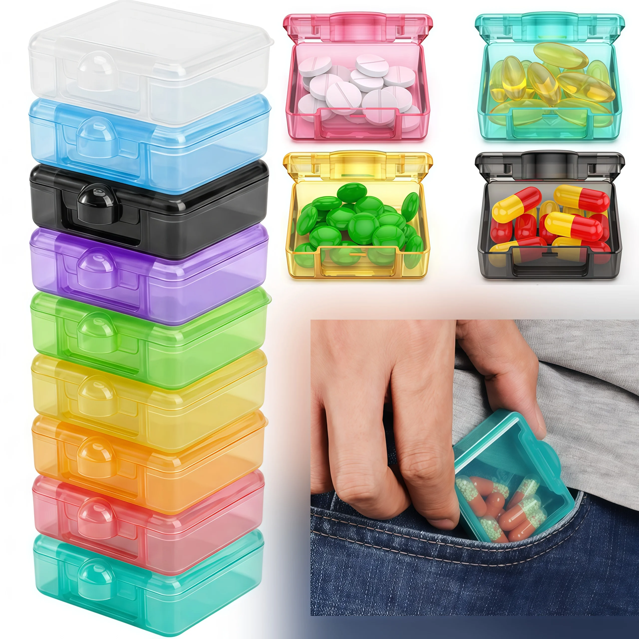 9-Piece Rainbow-Colored Small Pill Box for Earplugs, Earphones, Small Screws, Nail Art Accessories, Hair Clips, Ear Studs, Bracelets, and Other Items. Portable Pocket Pill Organizer, Travel-Friendly Medicine Storage Box