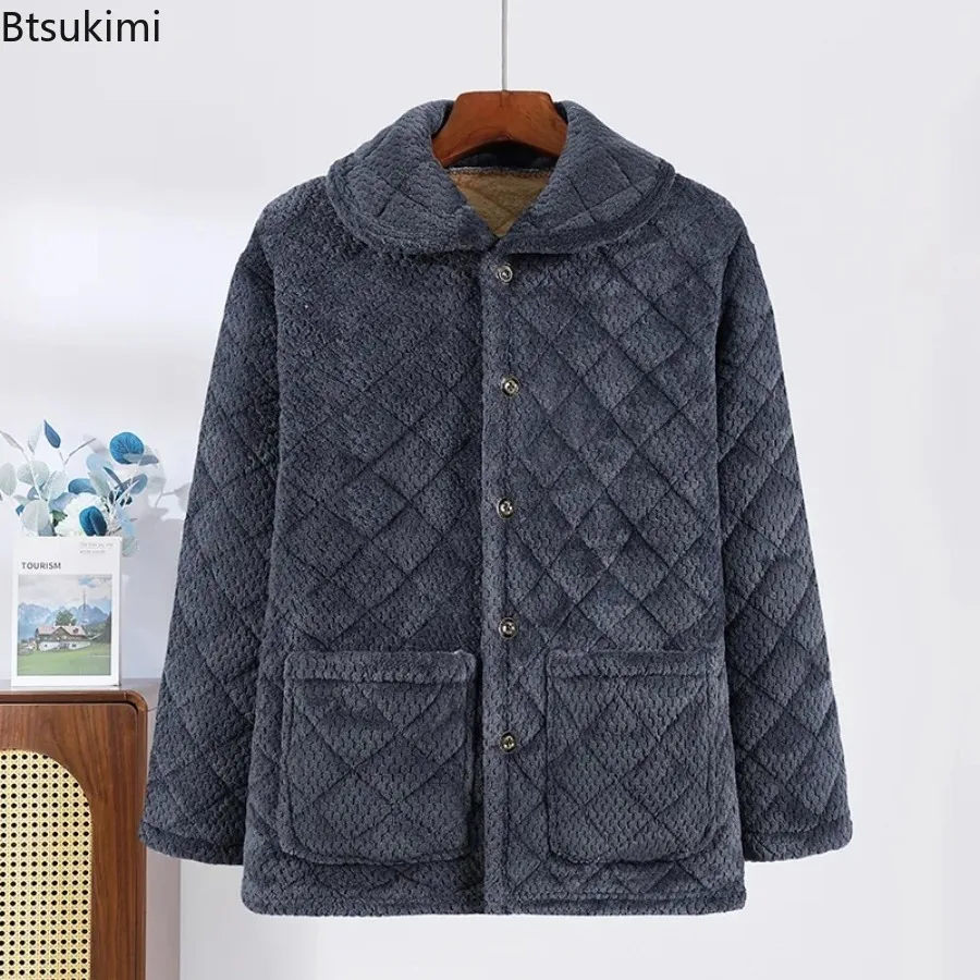 Męski zimowy gruby komplet piżamowy, jednolity kolor, przytulny polar, ciepły strój domowy, bawełniany, ocieplany, dwuczęściowy zestaw do spania i wypoczynku dla mężczyzn.