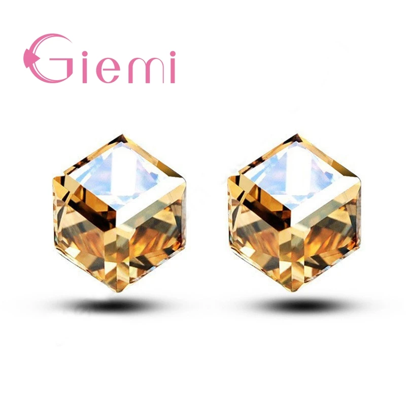 High Class Real 925 Sterling Silver Stud Earrings for Women Girls 8 Colors Options Austrian CZ Crystal Square Design Ear Jewelry