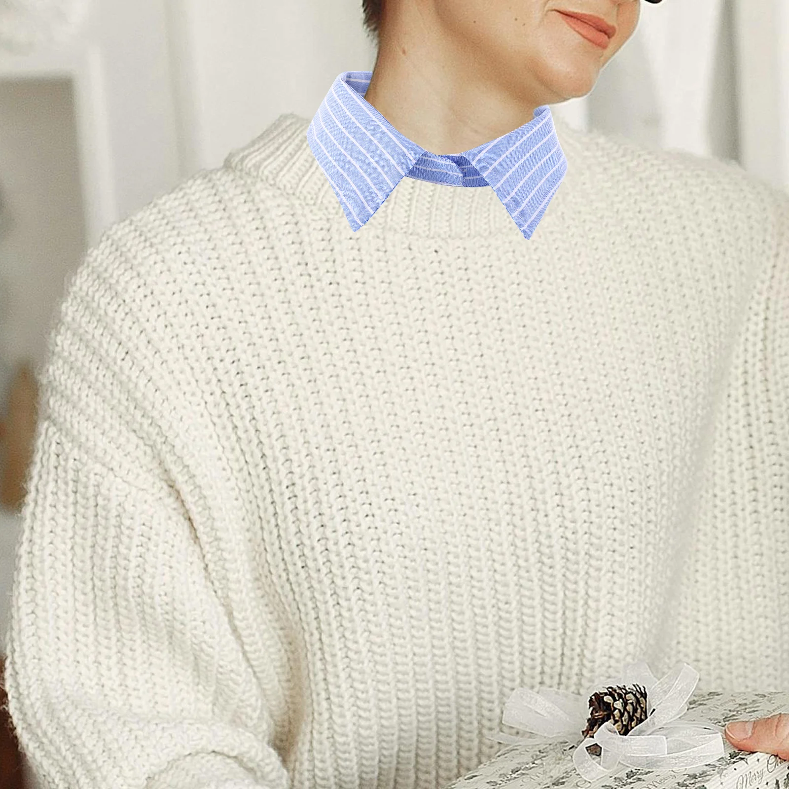

Blue Striped Fake Collar Detachable Women'S Fashion Accessory Breathable Polyester For Sweaters Shirts Multi-Occasion Wear