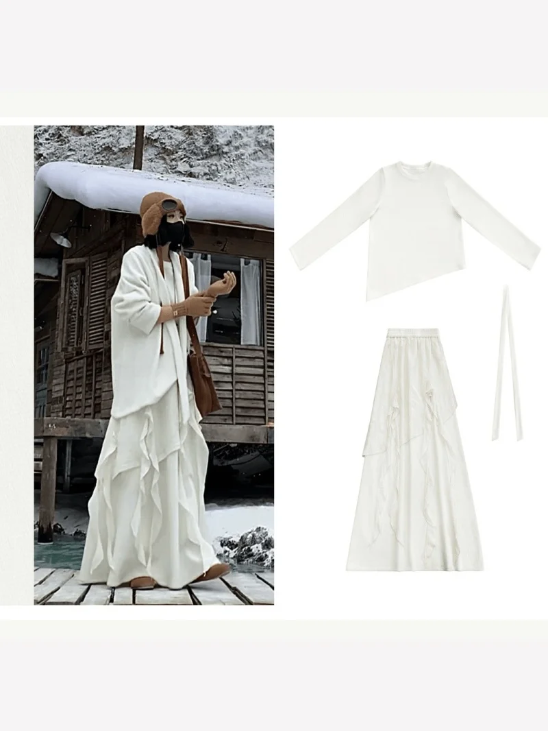 

Свободный кружевной комплект: белая блузка с длинным рукавом и утягивающие брюки с высокой талией в корейском стиле для женщин. Зимняя коллекция.