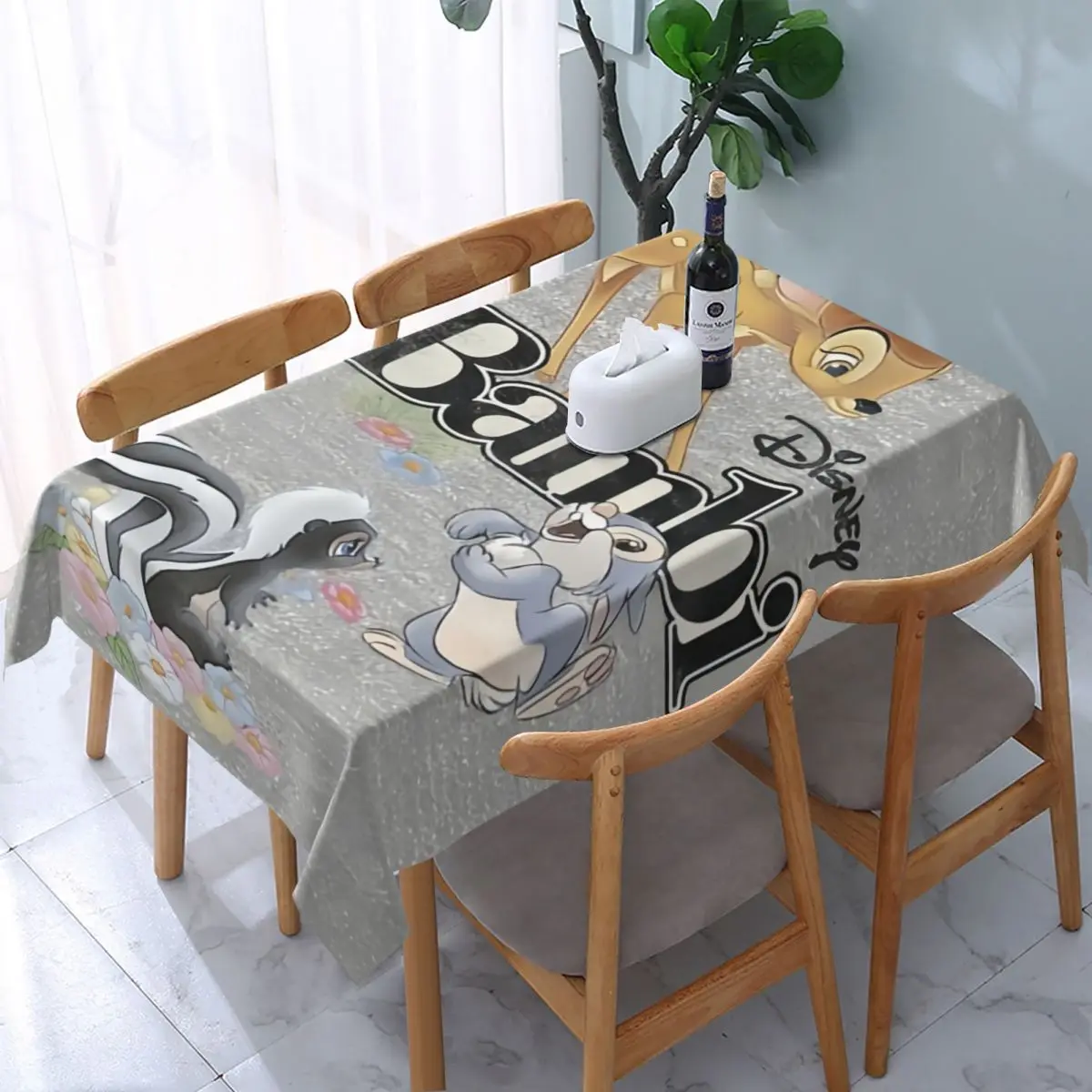 Customized Rectangular Oilproof Disney Bambi Animated Movies Table Cover Fitted Table Cloth Backing Edge Tablecloth for Picnic