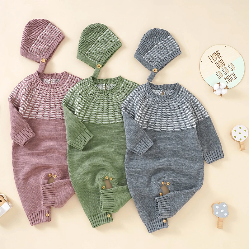 

Newborn Baby Romper +Hat Knitted Toddler Girls Clothes One Piece Overall Infant Boy Jumpsuit Outfit Kids Knit Baby Romper