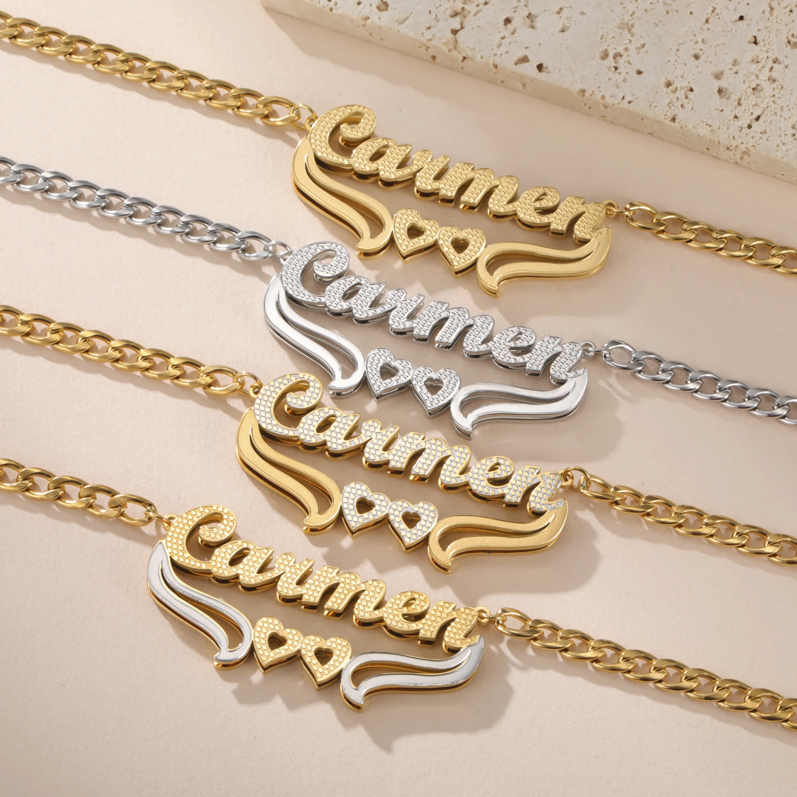 

Double Layer Nameplate With Heart Shape Two Tone Name Necklace for Women Girls Stainless Steel 3D Double Plated Name Gifts