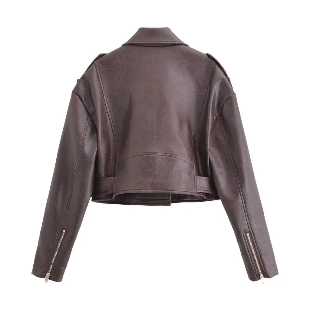 Chaqueta corta de cuero para motocicleta para mujer, estilo europeo americano, primavera y otoño, con cremallera Diagonal y cinturón