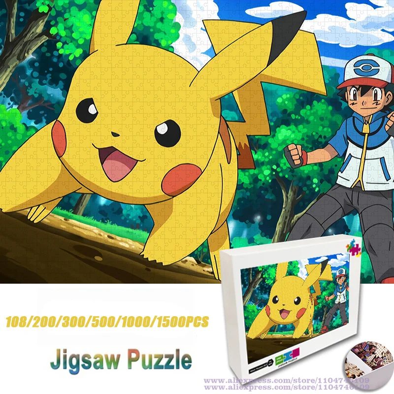 Pikachu & Ash Ketchum Puzzle Jigsaw Cartoon Pokemon Diy Puzzle Toys 108/200/300/500/1000/1500Pcs Intelligence Educational Toy