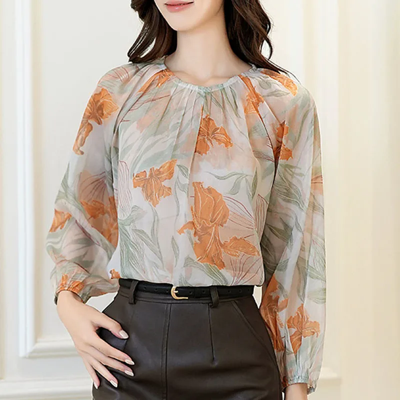 

Women Blouse Shirt New Long Sleeve O-Neck Elegant Print Chiffon Blouse Shirt Women Tops Blouses Shirts Blusas Camisas 2025 Q727