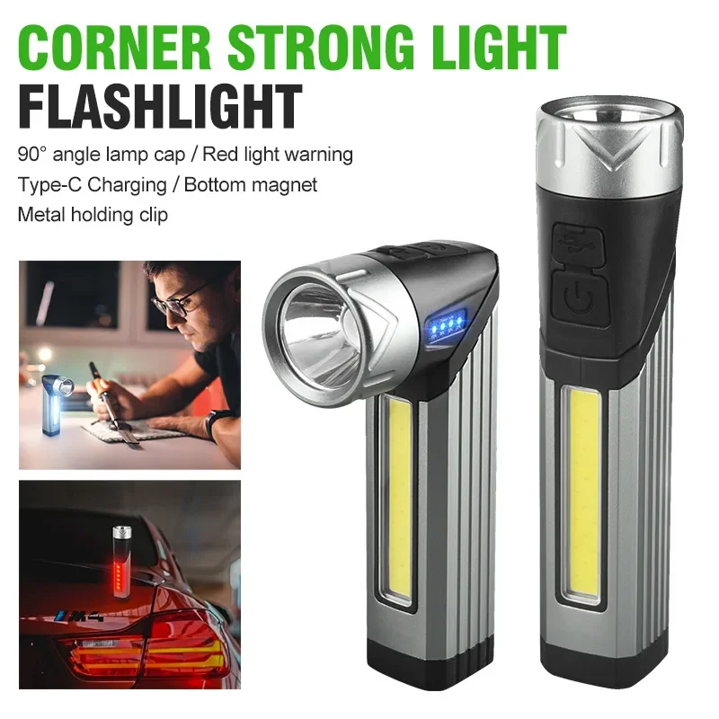 COB Strong Flashlight Clip On Torch Handheld Camping Work Torch 90° Angle Lamp with Magnet Car Inspection Red Light Warning