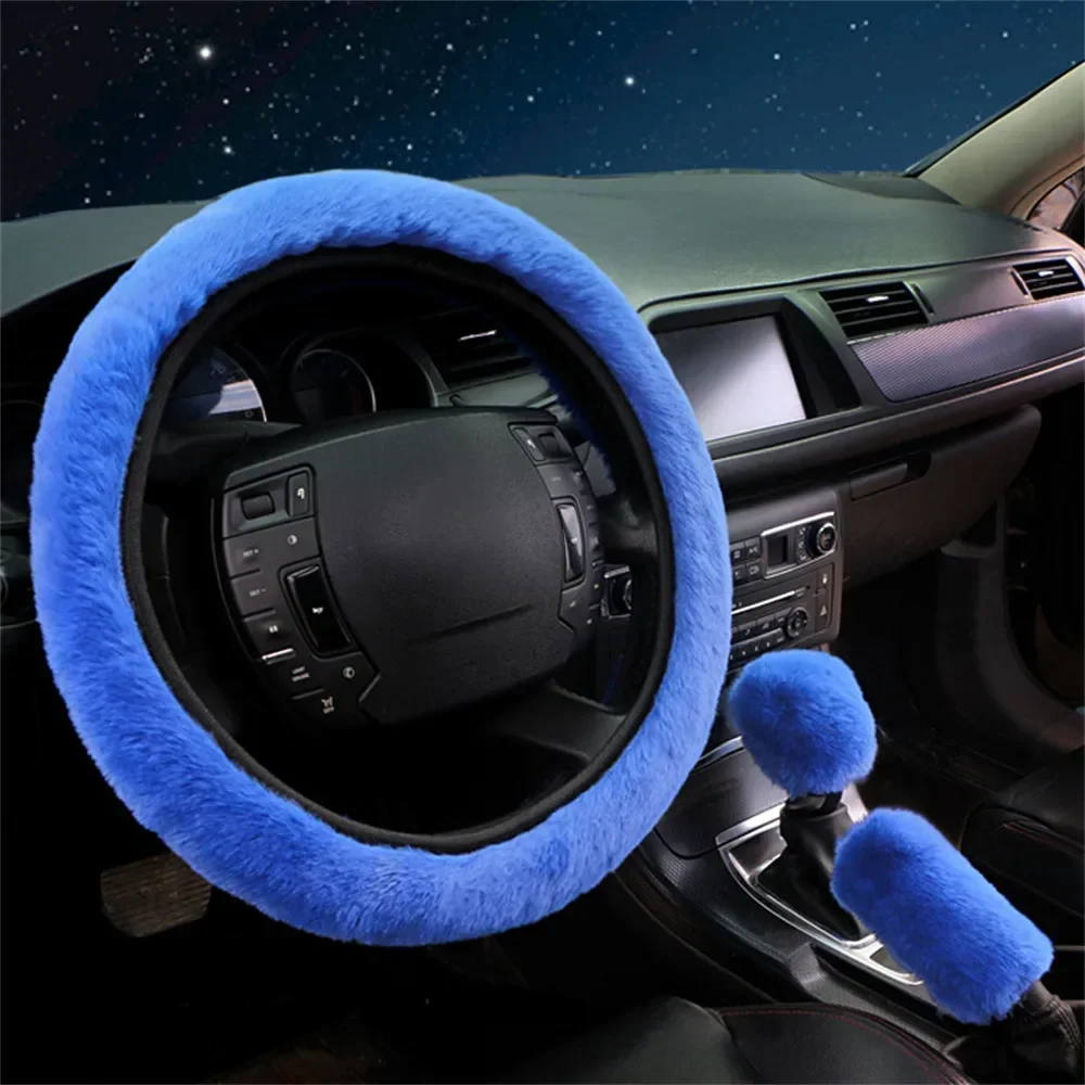 3pcs/Set Fur Fluffy Thick Auto Car Steering Wheel Plush Cover Soft Wool Winter Pink,Blue,Purple,Black For 38cm Steering Wheel