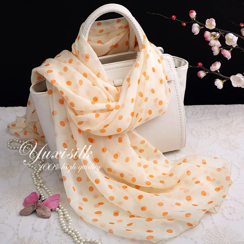 

High Quality Orange Polka Dot Dots 100% Silk Long Scarf Shawl Women's Spring, Autumn and Winter Summer