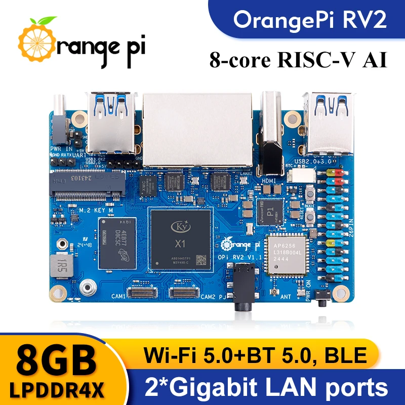 TopElec Orange Pi RV2 8GB RAM + 64GB EMMC Module RISC-V AI Single Board Computer 2 TOPS NPU WiFi+BT5.0 M2.0 NVMe SSD Development