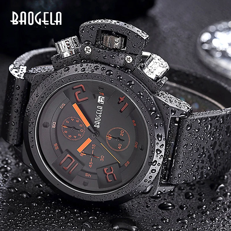 Baogela Fashion Mens Silicone Band Sport Quartz Wrist Watches Analog Display Chronograph Black Watch for Man with Calendar