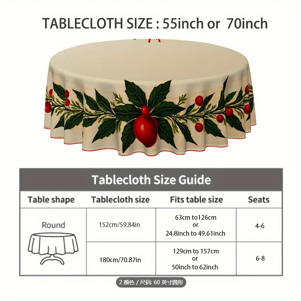 1 tablecloth, Christmas theme, festive holly berry wreath pattern, decorative tablecloth for home kitchens and dining rooms