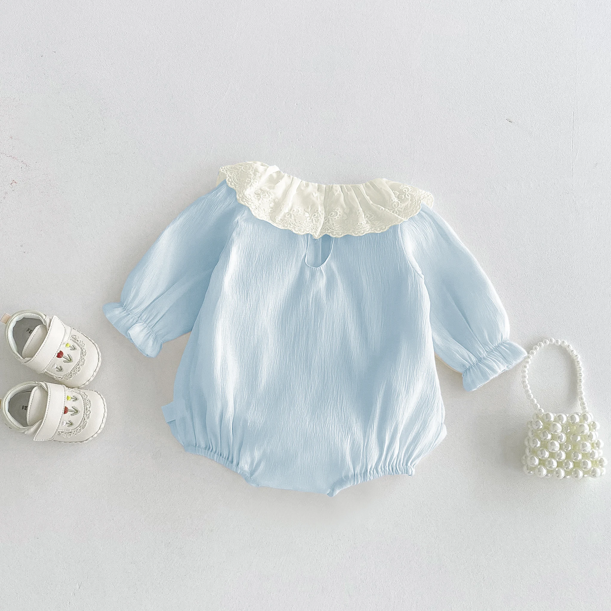 Baby One-Piece Dress for Autumn, Girls' Dress with Elegant Frills at the Collar and Bow at the Cuffs, Suitable for Crawling