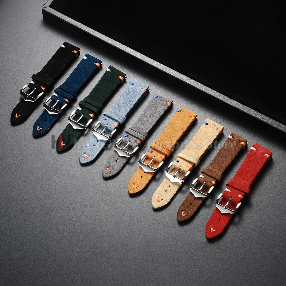 20mm 22mm 스웨이드 가죽 스트랩 빈티지 수제 스티치 시계 밴드 삼성 시계 7/6/5/4 남성 여성 교체 팔찌