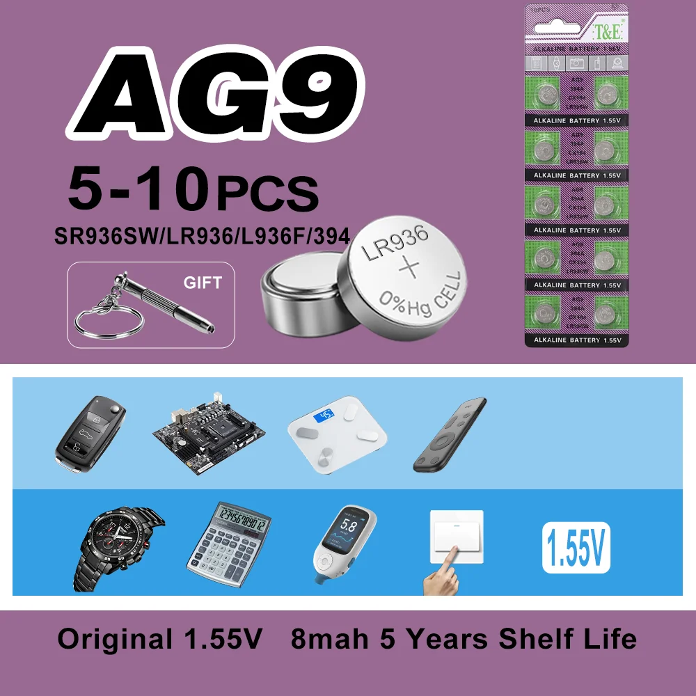 5 uds-10 Uds 1,55 V AG9 LR936 394 SR936SW CX194 LR45 pilas de botón G9A 194 394A SR936 L936F pilas para reloj de monedas batería remota