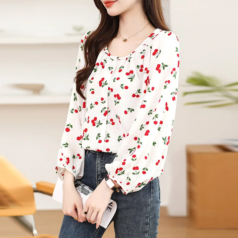 Spring Summer Casual Loose O-neck Long Sleeve Shirt Women French Chic Fruit Print Blouses Fashion All-match Elegant Tops