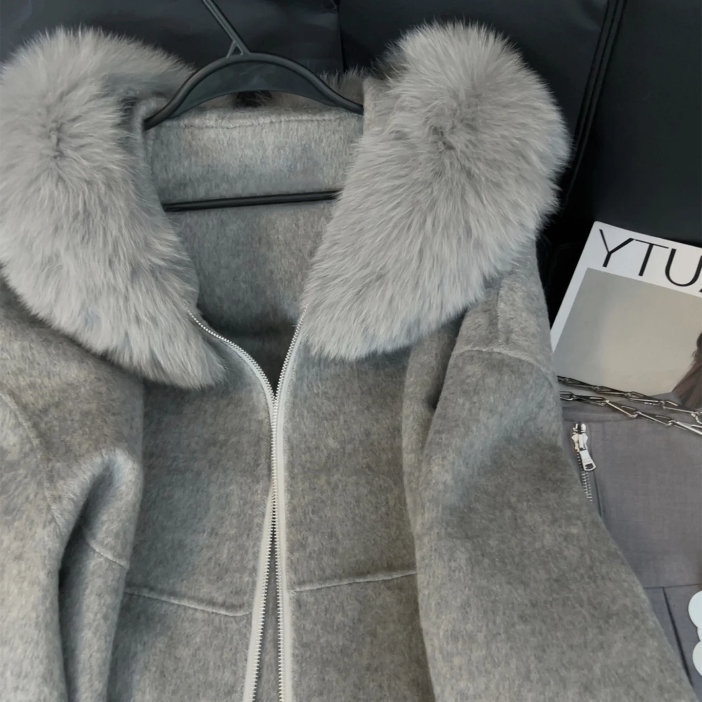 女性レトロソフトフード付きグレーコート春秋デザインセンスカジュアル多用途ぬいぐるみ帽子模造両面ウールジャケット