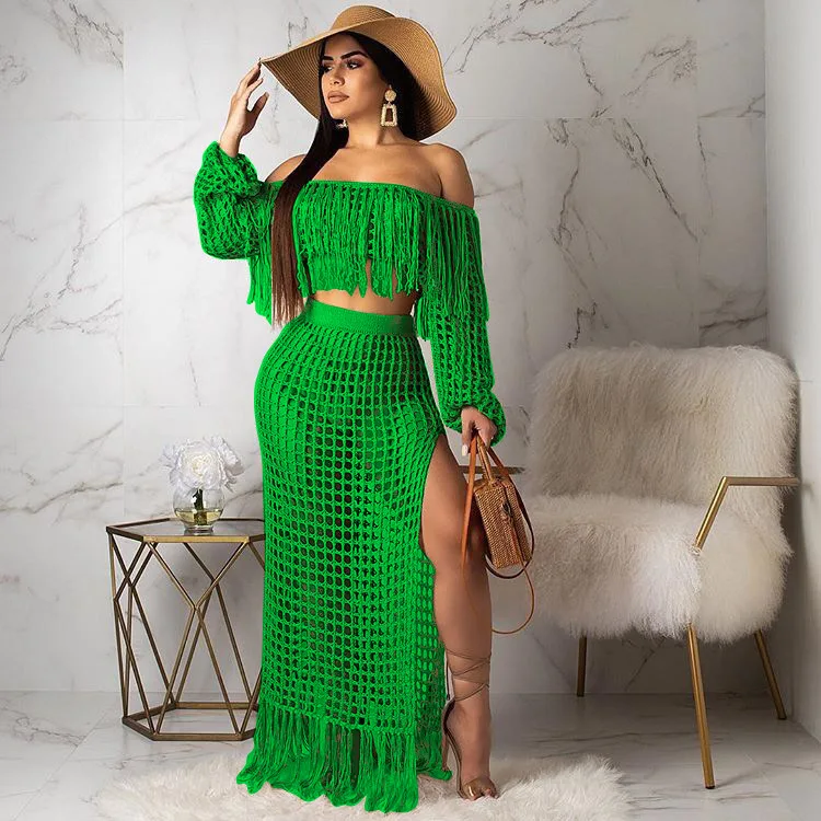 

Skirt 2 Piece Set Women Beach Long Skirts Suit Top Off Shoulder Tassels Sexy Hollow Out Ensemble 2025 Summer Female Outfits