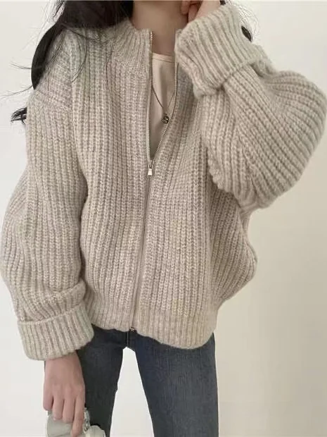 ay Zipper Casual Versatile Korean Hong Sle Knitted Cardigan Long Sve Stand Collar Women's Sweater Commute Sle Autumn...