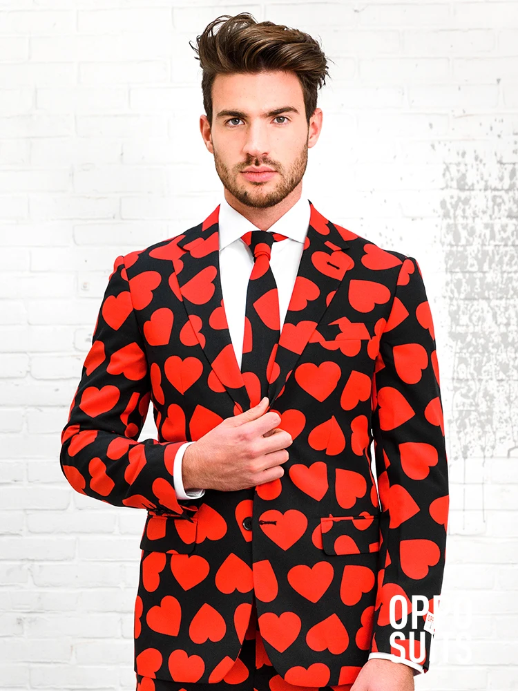 

Hot Men's Fashion Casual Luxury Blazers Jackets Red Heart King Printed Suit Trousers And Tie Slim Coats Hombre Clothes New Dress