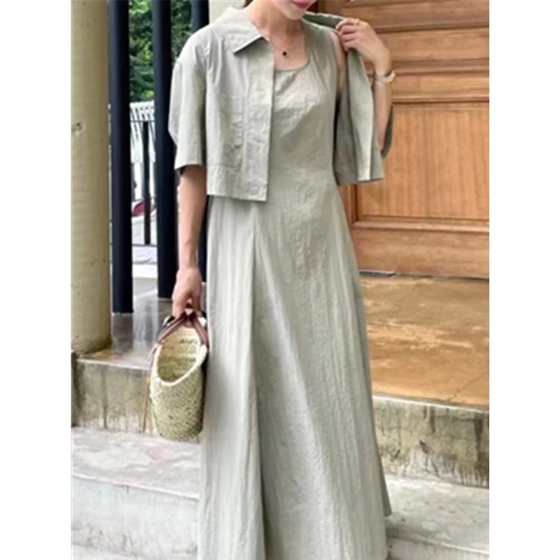 REALEFT 2024 New Summer 2 Pieces Women\'s Dress Suits Turn-down Short Jacket and Solid Casual Tank A-Line Dress Sets Outfits