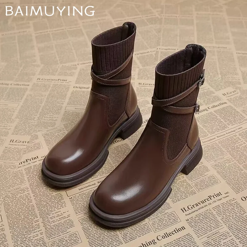 Women Ankle Boots Knitting Mid Heels Retro Shoes Winter Classic Chunky Motorcycle Boots 2024 Trend New Brand Goth Botas Mujer