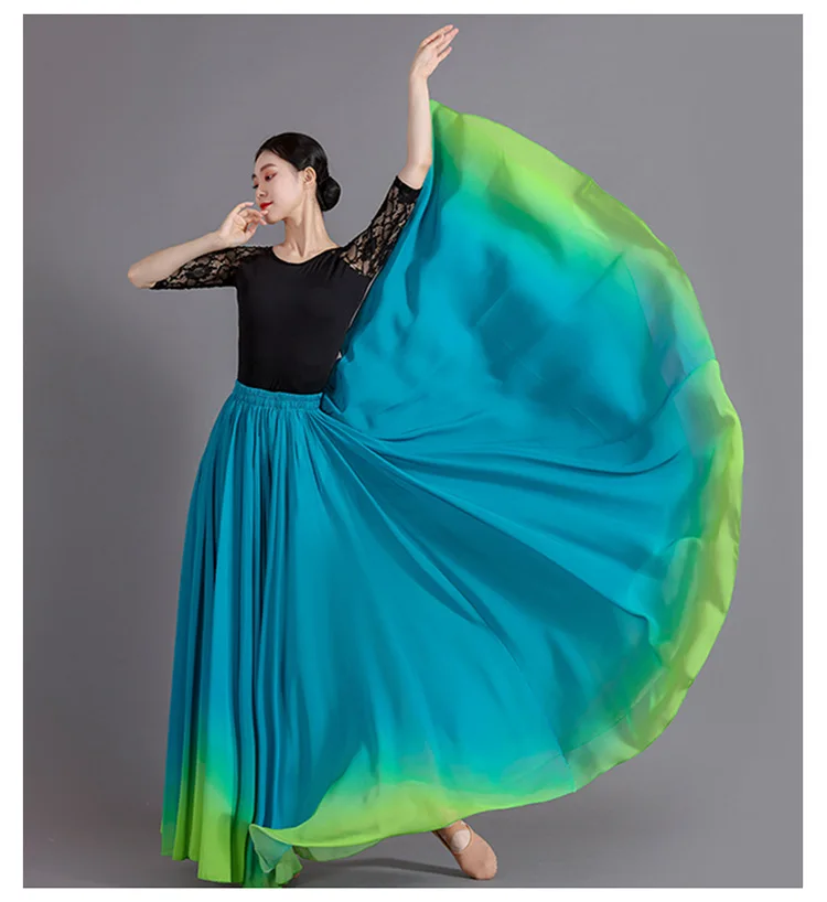Women's 360-720 Degrees Big-hem Dance Skirts Gradient Color Chiffon Maxi Skirts Elastic-waist Elegant Square Dance A-line Skirts