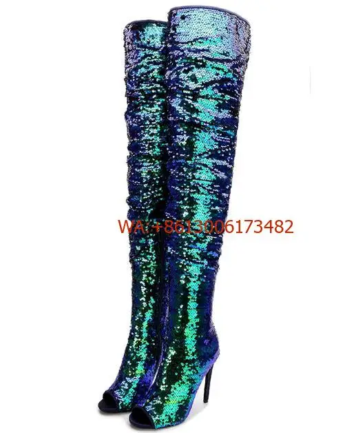 Women's plus Size Sequined Peep Toe over Knee High Boots for Stage Performance Night Club Fashion Thigh High Boots