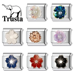 Trusta 2024 New Fashion Color Flower Charm Italian Links 9mm Bracelet Stainless Steel for Women DIY Jewelry N023