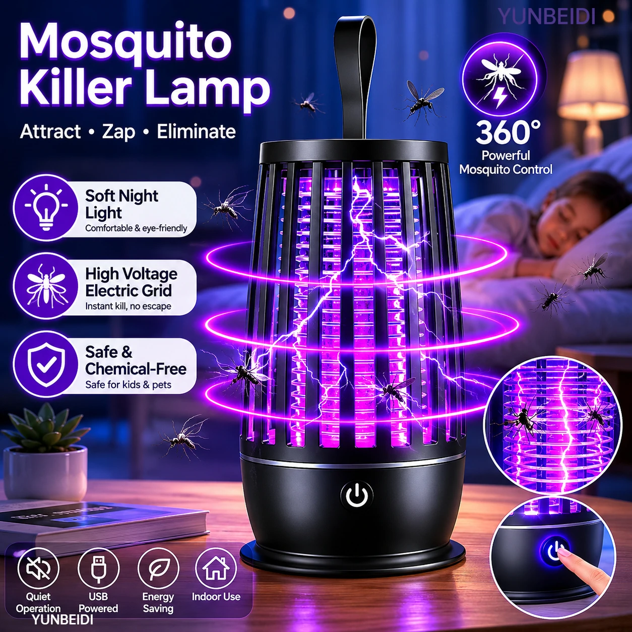 2 In 1 USB Mosquito Killer Lamp Ultraviolet Electric Insect Catcher With USB Cable Quiet Night Light For Outdoor Use