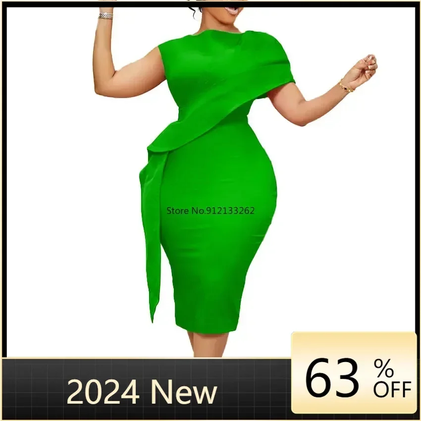 

2024 Spring Summer African Women Short Sleeve O-neck Polyester Blue Green Orange Knee-length Dress African Dresses for Women