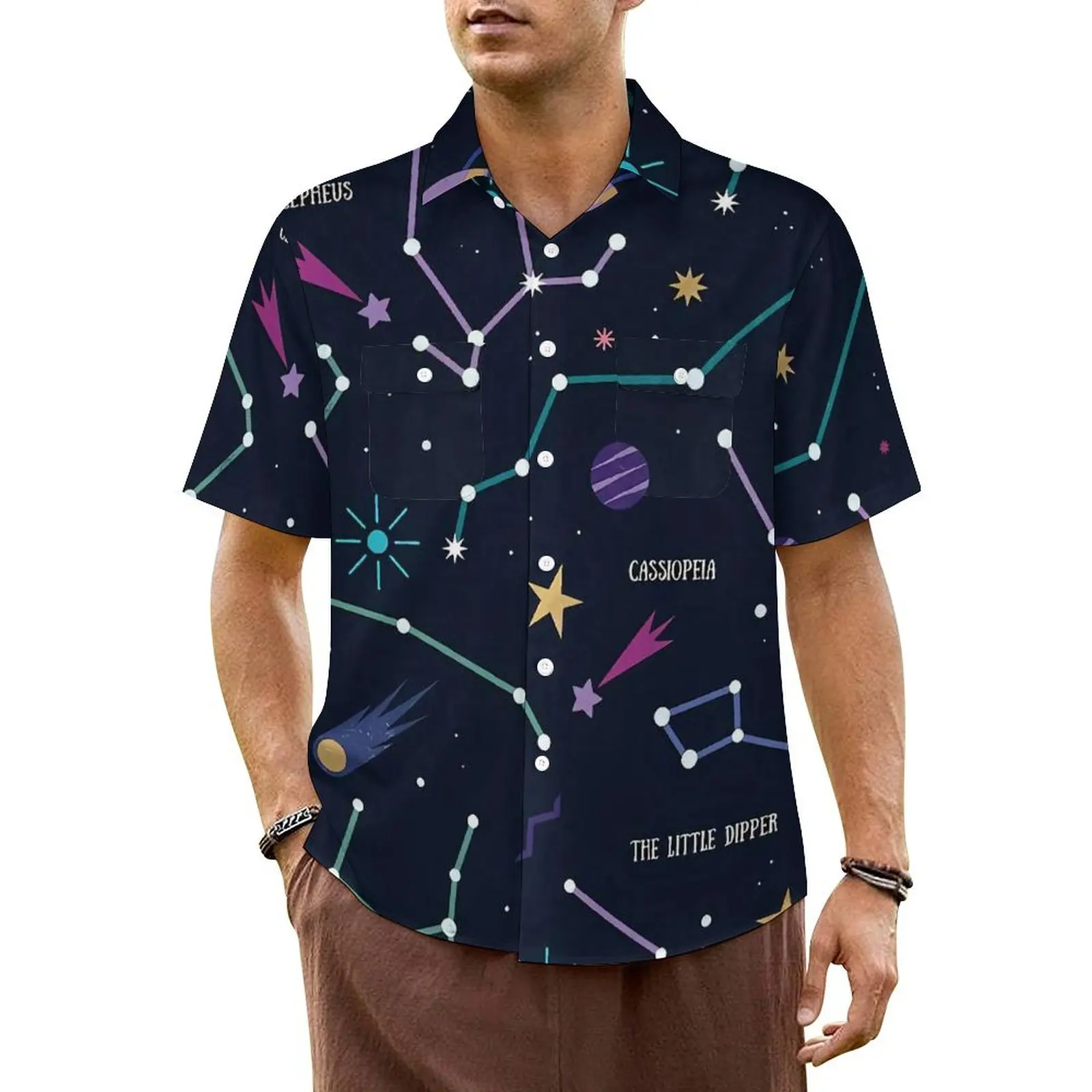 

Hawaii Shirt Beach The Galaxy Stars Blouses Constellations And Night Sky Classic Casual Shirts Men Short Sleeve Harajuku Clothes