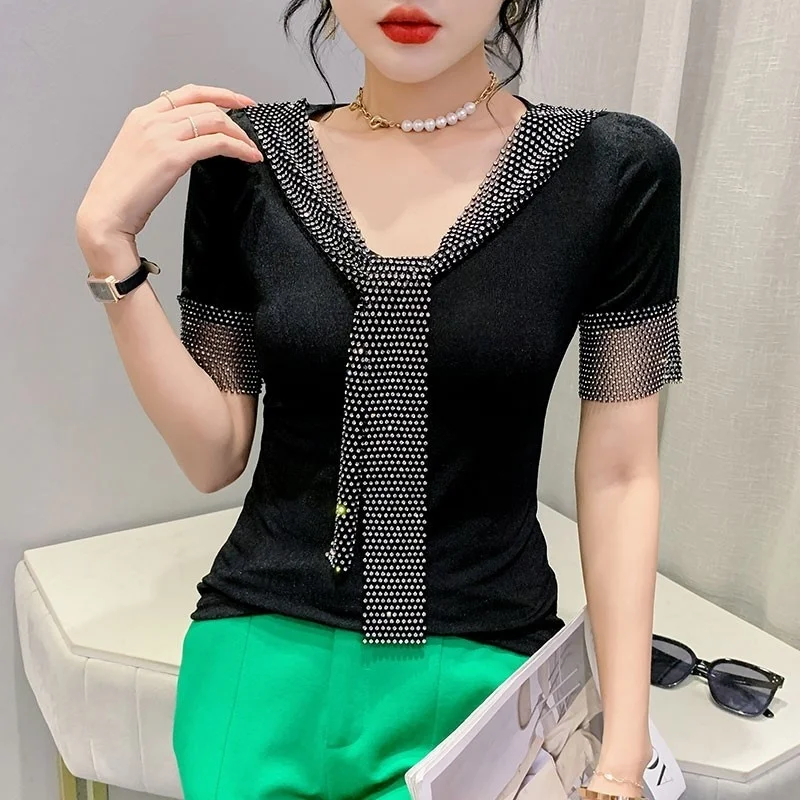 #5115 Black White Short Sleeve T Shirt Women V-neck Tie Diamonds Sexy Basic T Shirt Female Short Sleeve Skinny Womens Tshirt