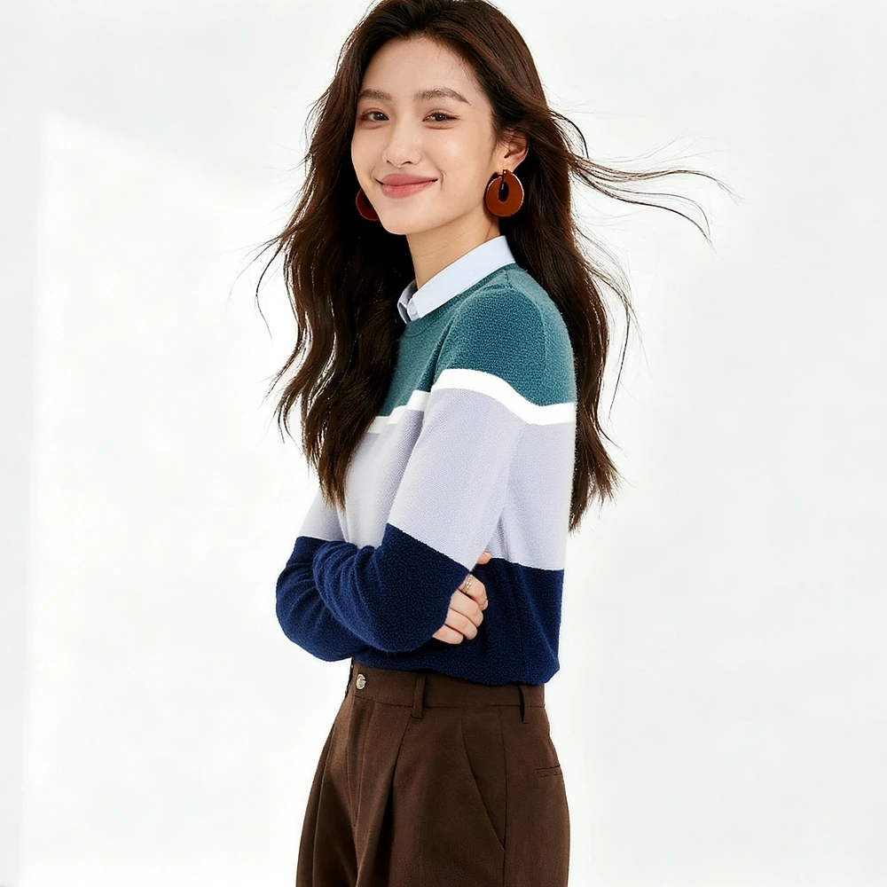 

Модный полосатый трикотажный джемпер с двойным воротником, имитация двухслойности, женский, весна-осень, простой дизайн, полиэстер