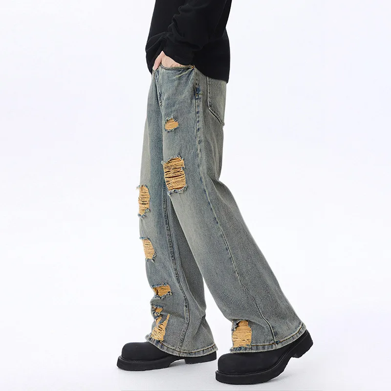 【Mirrordust】 Jeans da uomo con toppe strappate lavate in stile americano, design primaverile e autunnale, pantaloni larghi larghi vintage High Street