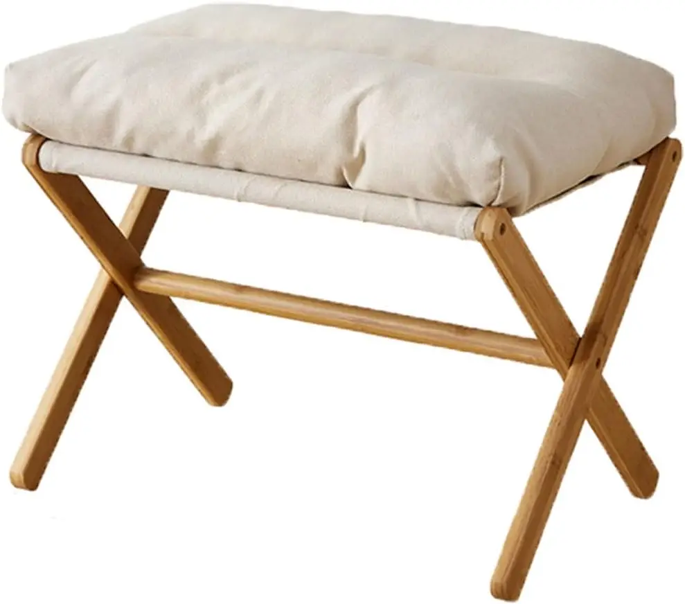 

Folding Upholstered Footrest Stool, Small Accent Ottoman with Thick Cotton Cushion & Bamboo X Legs, Modern Padded Sofa S