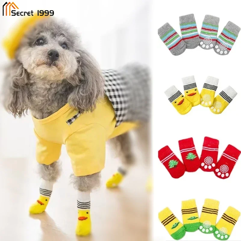 4pcs Winter Pet Dog Socks Small Cat Knit Warm Socks Dog Anti-slip Socks Chihuahua Thick Paw Protector Booties Pet Accessories