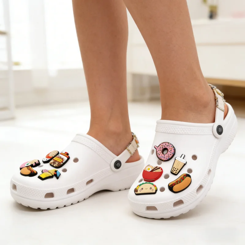 Cute Kawaii Food Shoes Charms Set Cartoon Burger Pizza Boba Shoe Accessories, PVC Clog Decorations for Sandals, Party Gifts