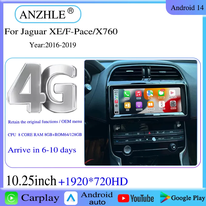 

10.25 Inch Android CarPlay For Jaguar XE/F-Pace 2016-2019 X760 14 Multimedia Player Keep the OEM menu Support Google Store