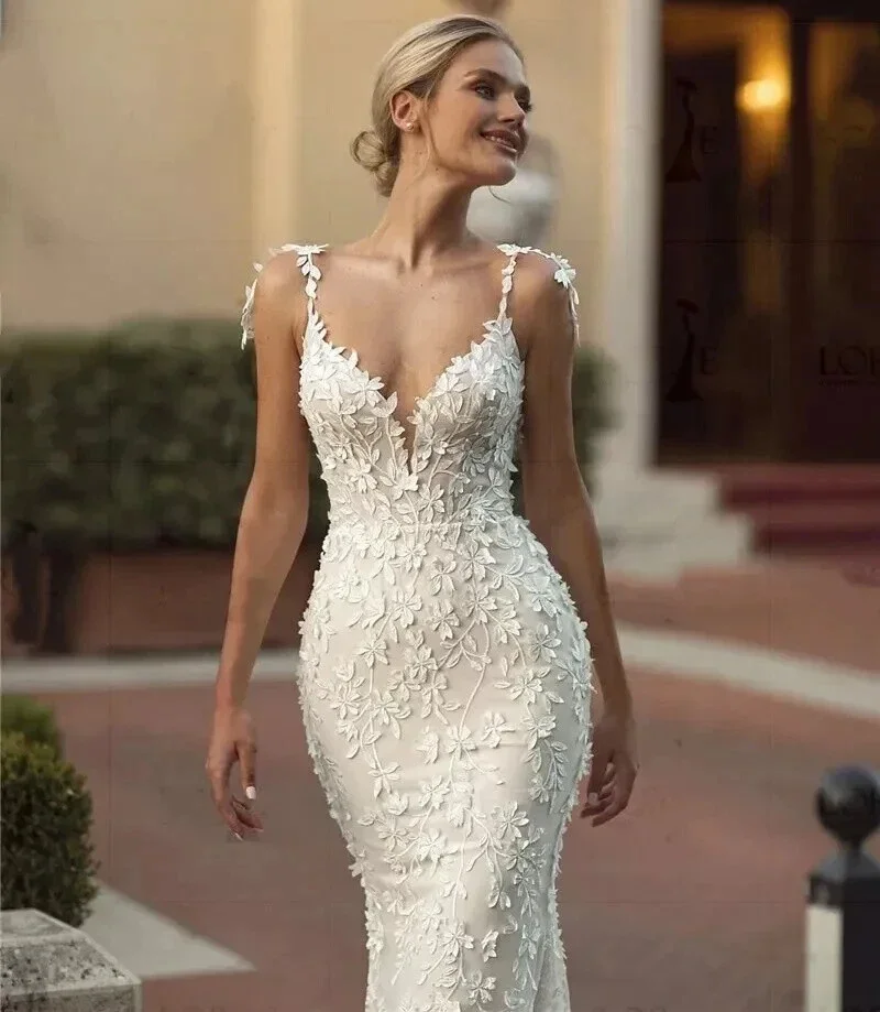 مثير حورية البحر الدانتيل فستان الزفاف الخامس الرقبة عارية الذراعين السباغيتي الأشرطة العاج بوهو فستان زفاف سويب تراين مخصص